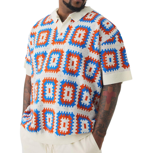 Men's Summer Fashion Casual Vacation Lapel Hollow Color Knitted Short-sleeved T-shirt MTA1044D9K