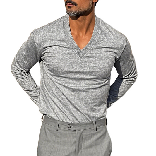 Men's Solid Color Blend V-Neck Long Sleeve T-Shirt MTA2785C7X