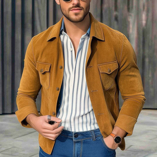 Men's Spring And Autumn Basic Khaki Suede Shirt MTA0101D0U