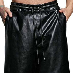 Men's Summer Basic Loose Pure Black PU Leather Shorts MTA0273D9U
