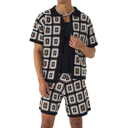 Men's Spring And Summer Fashion Casual Hollow Knitted Short-sleeved T-shirt Shorts Set MTA1038D7K