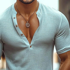 Men's Cotton And Linen Casual Henley Collar Long Sleeve T-Shirt MTA0960D8X