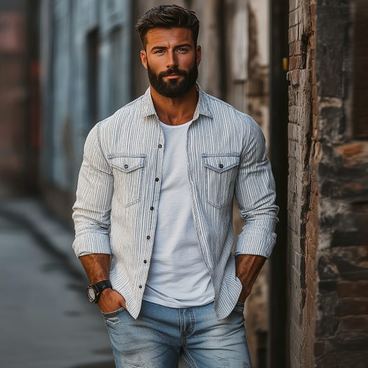 Men's Casual Comfort Cotton Linen Striped Lapel Chest Pocket Loose Long Sleeve Shirt MTA2792C0M