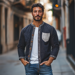 Men's Spring Fashion Retro Lace Splicing Cotton And Linen Long Sleeve Shirt MTA2708C6K