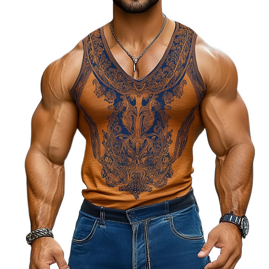 Men's Retro Ethnic Printed Round Neck Tank Top MTA0952D9TO