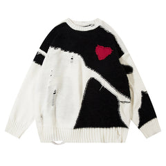Distressed Heart Patch Sweater - Trendy And Cozy For Casual Wear