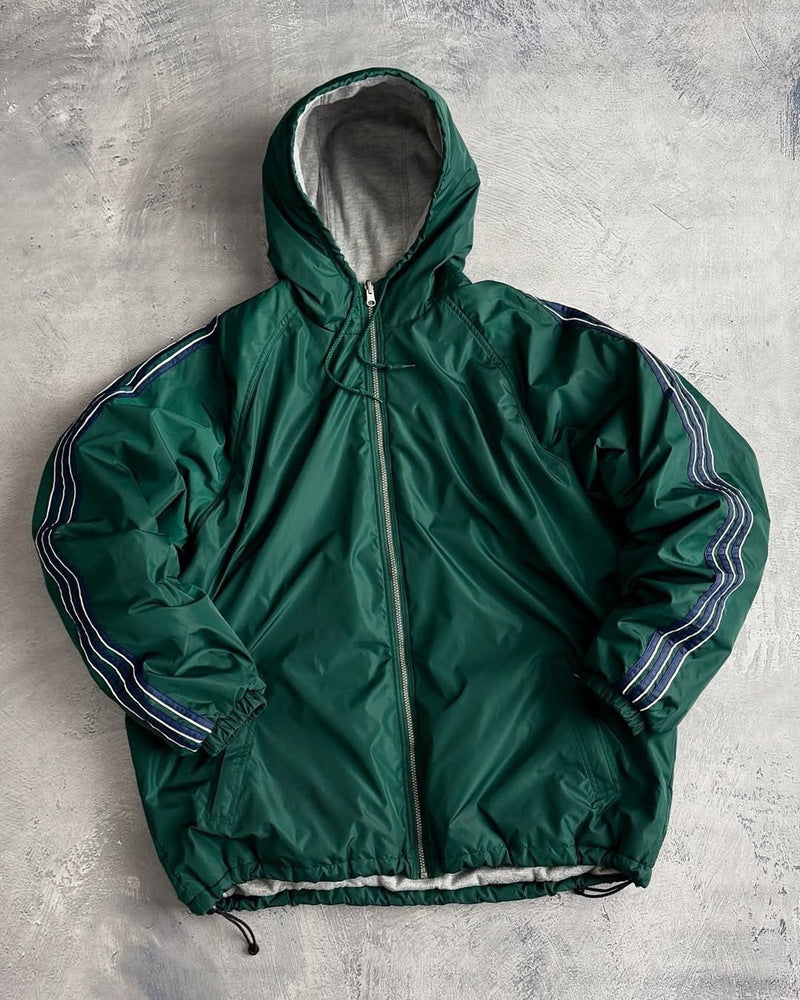 Green Hooded Windbreaker Jacket With Reflective Stripes For Outdoor Adventures