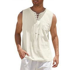 Men's Casual Lace-Up Neck Chest Pocket Sleeveless Vest Tank Top