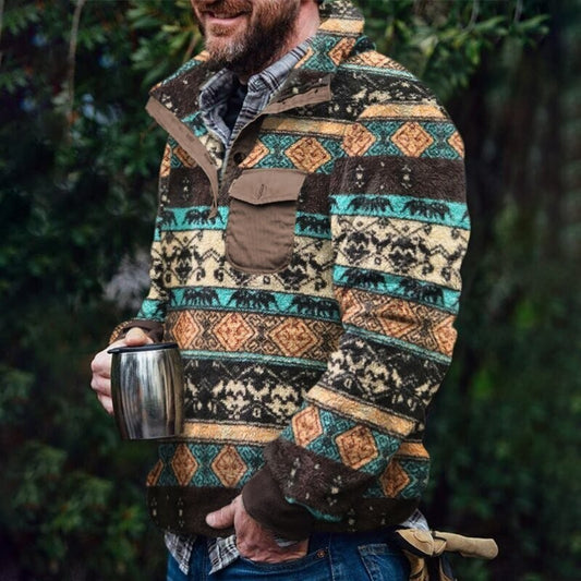 Men's Retro Casual Color Striped Flannel Stand Collar Pullover Jacket