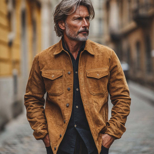 Men's Vintage Khaki Suede Long Sleeve Shirt 96681037U