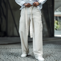 Men's Solid Cotton And Linen Mid Waist Straight Casual Pants MTA0179D8Z