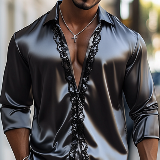Men's Fashion Casual Lace And Satin Stitching Long Sleeve Shirt MTA1747C6K