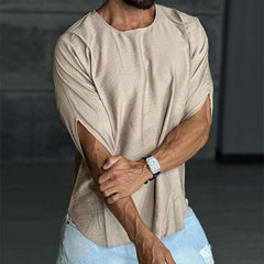 Men's Retro Casual Linen Pleated Round Neck Short Sleeve T-Shirt MTA2771C6TO