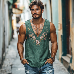Men's Casual Deep V Neck Linen Flower Embroidered Slim Fit Tank Top MTA2193C5M