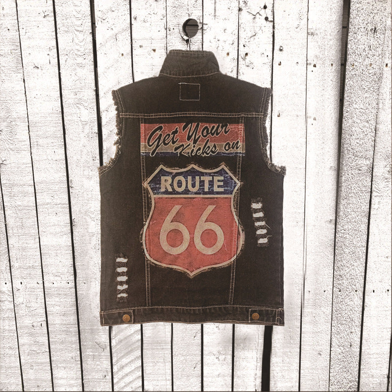 Vintage Route 66 Denim Vest for Motorcycle Enthusiasts