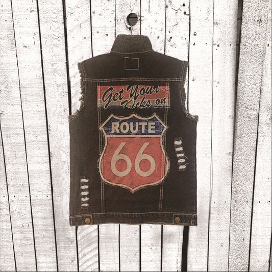 Vintage Route 66 Denim Vest for Motorcycle Enthusiasts