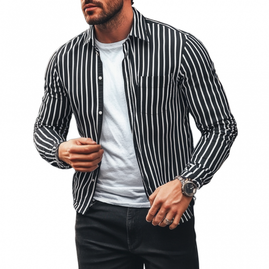Men's Casual Striped Lapel Loose Long Sleeve Shirt MTA1852C7M
