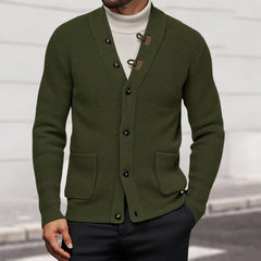 Stylish Men's V-Neck Cardigan Sweater with Unique Toggle Closure