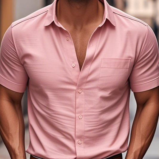 Men's Casual Cotton Lapel Patch Pocket Single Breasted Slim Fit Short Sleeve Shirt MTA3112C1M