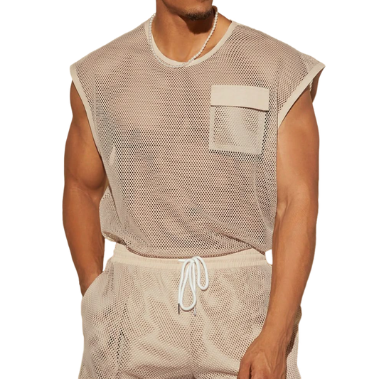 Men's Casual Mesh Spliced Chest Pocket Loose Round Neck Tank Top MTA1861C8M