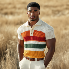 Men's Casual Lapel Color Striped Soft Knitted Short Sleeve Polo Shirt MTA0827D4M