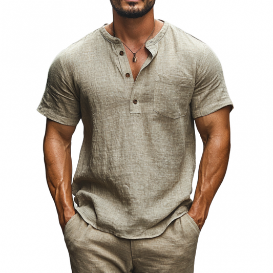 Men's Casual Linen Henley Collar Patch Pocket Loose Short Sleeve Shirt MTA2157C7M