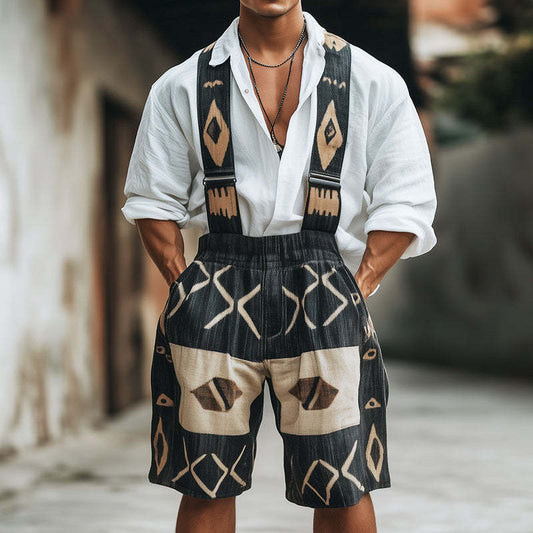 Men's Retro Geometric Print Linen Overalls MTA0735D1TO