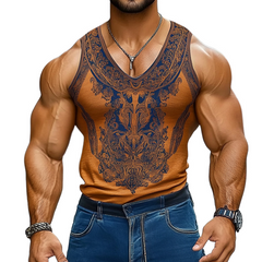 Men's Retro Ethnic Printed Round Neck Tank Top MTA0952D9TO