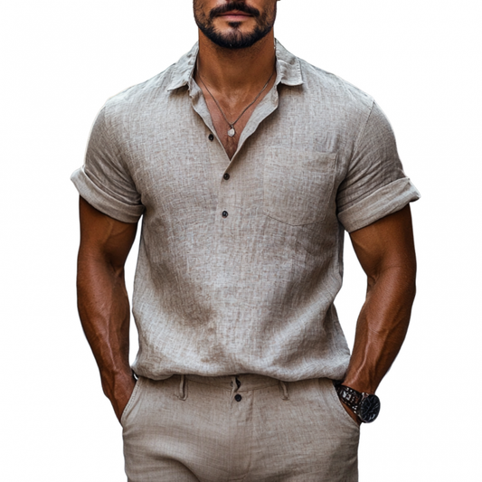 Men's Casual Linen Lapel Patch Pocket Pullover Short Sleeve Shirt MTA2150C6M
