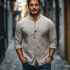 Men's Spring Fashion Stand Collar Lace Splicing Cotton And Linen Long Sleeve Shirt MTA2134C0K