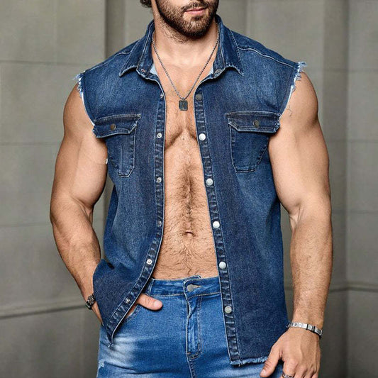 Men's Summer Vintage Dark Blue Denim Vest MTA3156C4U