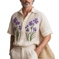 Men's Spring Fashion Retro Embroidered Cotton And Linen Short Sleeve Shirt MTA0906D9P