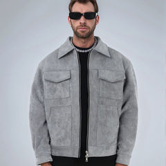 Stylish Gray Jacket with Zipper Closure and Functional Pockets