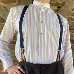 White Collarless Long-Sleeve Shirt for Men - Vintage Stripe Pattern, Casual Daily Tops