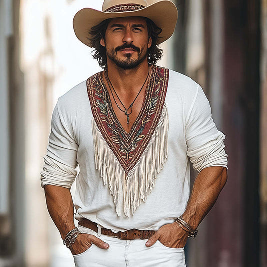 Men's Vintage Embroidered Deep V Neck Cotton Tassel T-Shirt MTA1773C5U