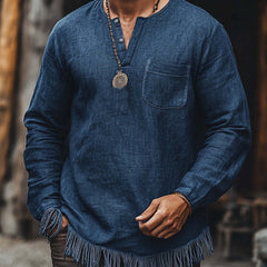 Men's Vintage Navy Blue Small V-Neck Cotton And Linen Tassel Casual T-Shirt MTA1456C4U