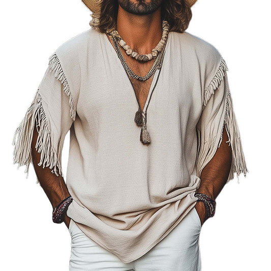 Men's Casual Khaki Loose Deep V Neck Tassel T-Shirt MTA1704C0U
