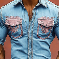 Men's Vintage Western Cowboy Distressed Embroidered Shirt MTA2748C5U