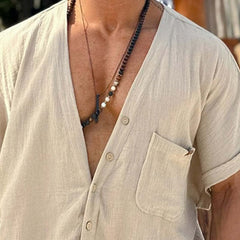 Men's Cotton And Linen V-Neck Short Sleeve Shirt MTA1879C3X