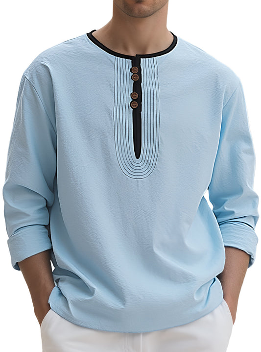 Stylish Men's Long Sleeve Henley Shirt With Unique Button Design