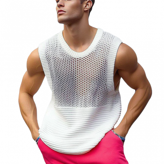 Men's Casual Crew Neck Hollow Out Patchwork Knitted Tank Top MTA0786D7M