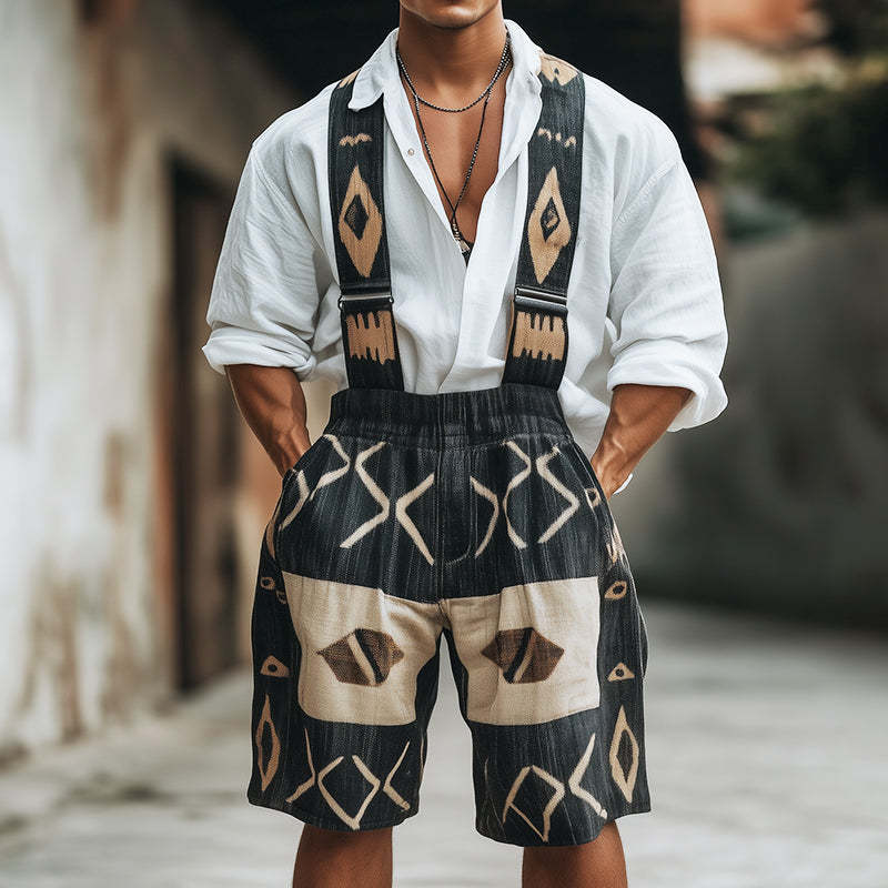 Men's Retro Geometric Print Linen Overalls MTA0735D1TO
