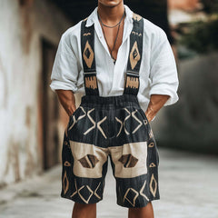 Men's Retro Geometric Print Linen Overalls MTA0735D1TO