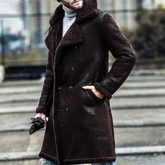 Stylish Double-Breasted Long Coat With Detachable Fur Collar For Men