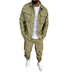 Men's Solid Color Lapel Single Breasted Jacket Trousers Cargo Set 01388512Z