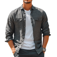 Men's Casual Skin-friendly Dark Gray Cotton And Linen Long-sleeved Shirt 01392376U