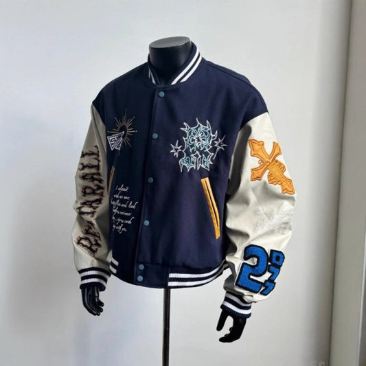 Embroidered Baseball Jacket with Unique Cross and Number Design for Casual Wear