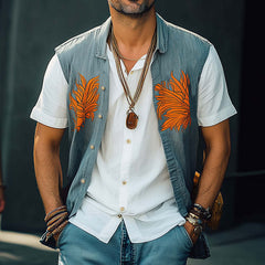 Men's Summer Washed Denim Colorblock Embroidered Vest MTA2276C6U