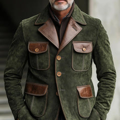 Men's Vintage Suede And Leather Multi-Pocket Single-Breasted Blazer 29769161Y