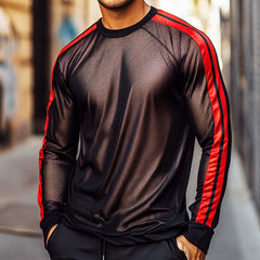 Men's Sports And Casual Sunscreen Mesh Striped Splicing Round Neck Long Sleeve T-Shirt MTA0943D9TO